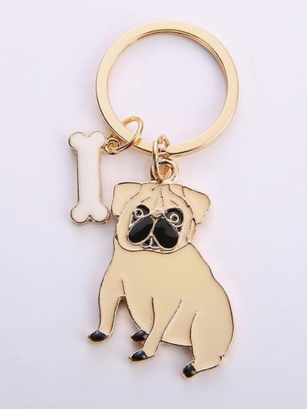 Chic Nation Gold Pug Keychain with White Bone Charm